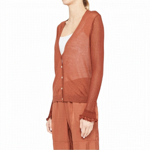 THEORY Bering Rust Brown Sheer Sleeved Wool Viscose Button Up Cardigan Size L